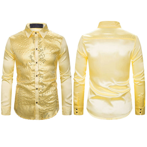 Image of Lakis Designer Luxury Sequin Satin Long Sleeve Dress Shirt-FrenzyAfricanFashion.com