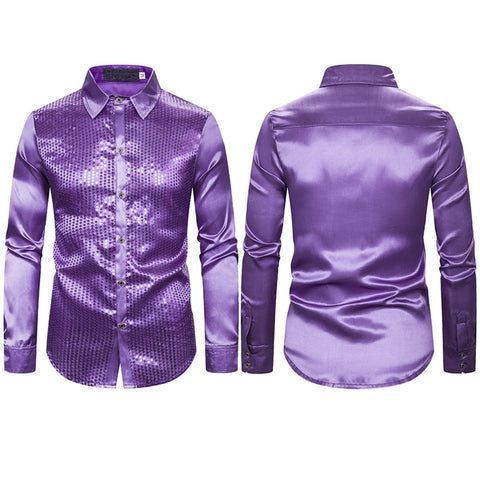 Image of Lakis Designer Luxury Sequin Satin Long Sleeve Dress Shirt-FrenzyAfricanFashion.com