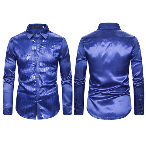 Image of Lakis Designer Luxury Sequin Satin Long Sleeve Dress Shirt-FrenzyAfricanFashion.com