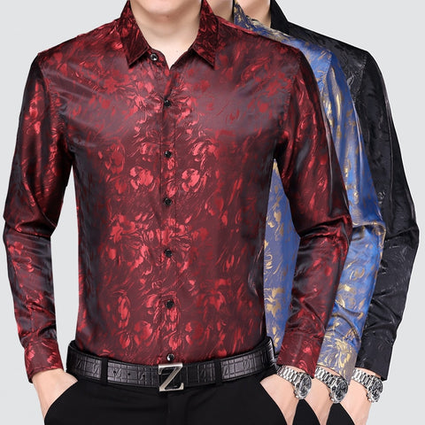 Image of Mens Silk Dress Shirt Spring Male Fashion Floral Soft Satin Clothes Long Sleeved-FrenzyAfricanFashion.com