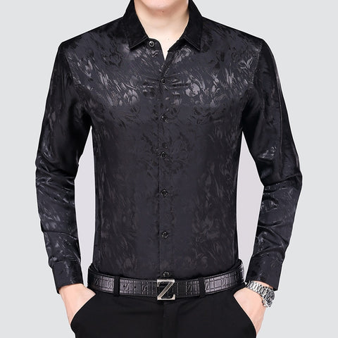 Image of Mens Silk Dress Shirt Spring Male Fashion Floral Soft Satin Clothes Long Sleeved-FrenzyAfricanFashion.com