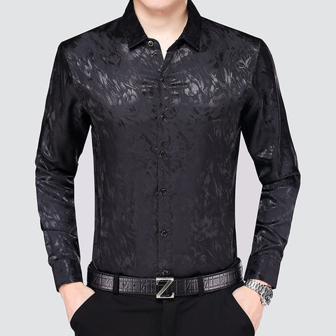 Image of Mens Silk Dress Shirt Spring Male Fashion Floral Soft Satin Clothes Long Sleeved-FrenzyAfricanFashion.com