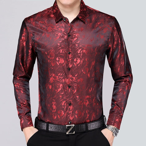 Image of Mens Silk Dress Shirt Spring Male Fashion Floral Soft Satin Clothes Long Sleeved-FrenzyAfricanFashion.com