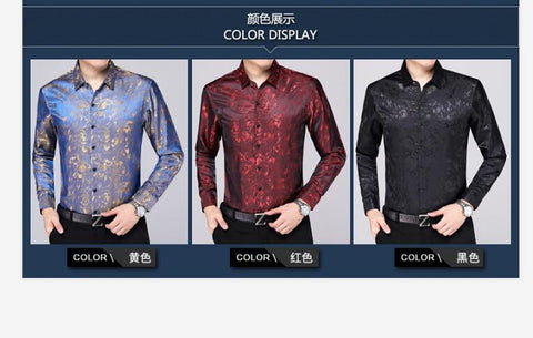 Image of Mens Silk Dress Shirt Spring Male Fashion Floral Soft Satin Clothes Long Sleeved-FrenzyAfricanFashion.com