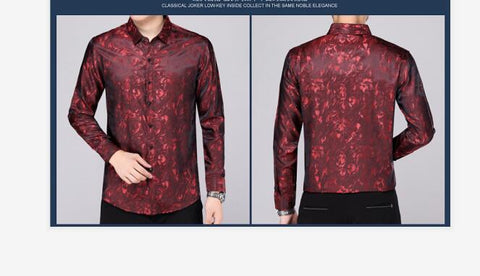 Image of Mens Silk Dress Shirt Spring Male Fashion Floral Soft Satin Clothes Long Sleeved-FrenzyAfricanFashion.com