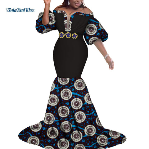 Image of African Print Dresses Women Bazin Long Mermaid Evening Dress Dashiki Clothing-FrenzyAfricanFashion.com