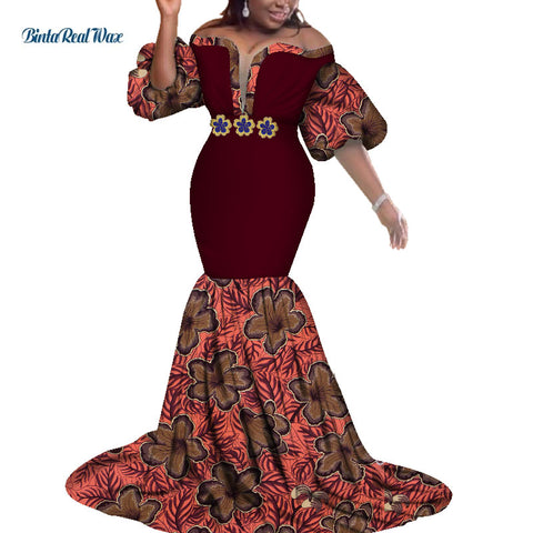 Image of African Print Dresses Women Bazin Long Mermaid Evening Dress Dashiki Clothing-FrenzyAfricanFashion.com