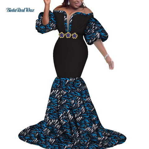 Image of African Print Dresses Women Bazin Long Mermaid Evening Dress Dashiki Clothing-FrenzyAfricanFashion.com