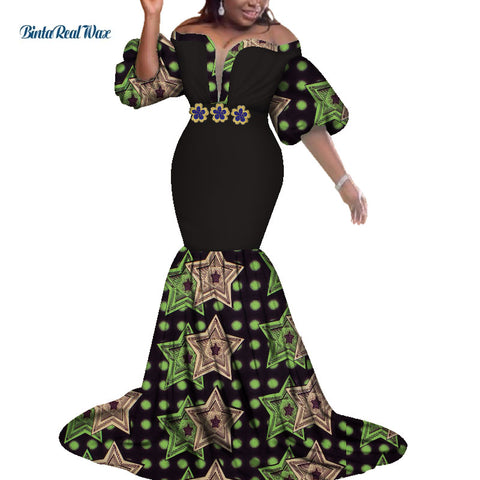 Image of African Print Dresses Women Bazin Long Mermaid Evening Dress Dashiki Clothing-FrenzyAfricanFashion.com