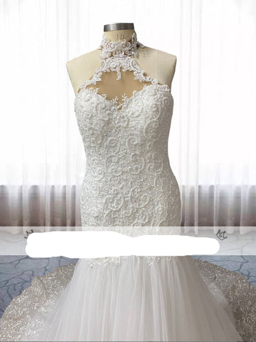 Image of Linzy Lace Beaded Mermaid Trumpet Halter Neck wedding dress-FrenzyAfricanFashion.com