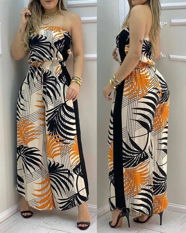 Image of Women Summer Tropical Print Bandeau Wide Leg Jumpsuit Sleeveless Loose Sexy Beachwear Casual Rompers-FrenzyAfricanFashion.com