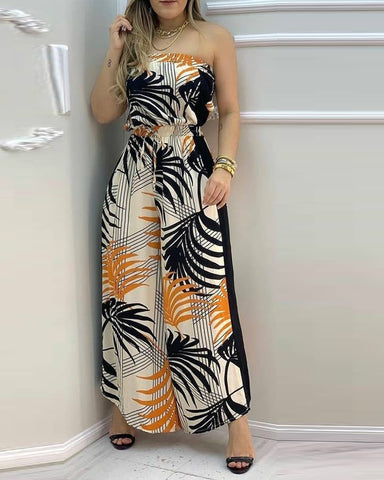 Image of Women Summer Tropical Print Bandeau Wide Leg Jumpsuit Sleeveless Loose Sexy Beachwear Casual Rompers-FrenzyAfricanFashion.com