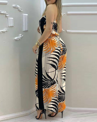 Image of Women Summer Tropical Print Bandeau Wide Leg Jumpsuit Sleeveless Loose Sexy Beachwear Casual Rompers-FrenzyAfricanFashion.com