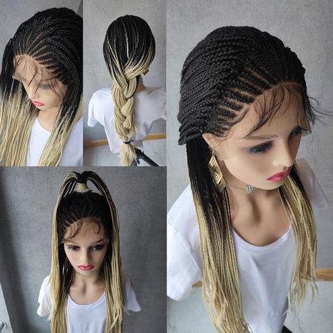 Image of Long Ombre Blonde Braided Lace Front Cornrow Wig Pre Pluck Hair-FrenzyAfricanFashion.com