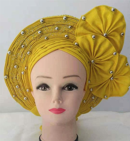 Image of Auto gele Headwrap African headtie with beads stones turban-FrenzyAfricanFashion.com