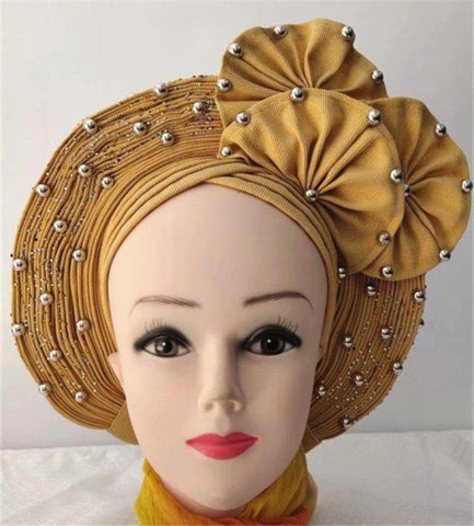 Image of Auto gele Headwrap African headtie with beads stones turban-FrenzyAfricanFashion.com