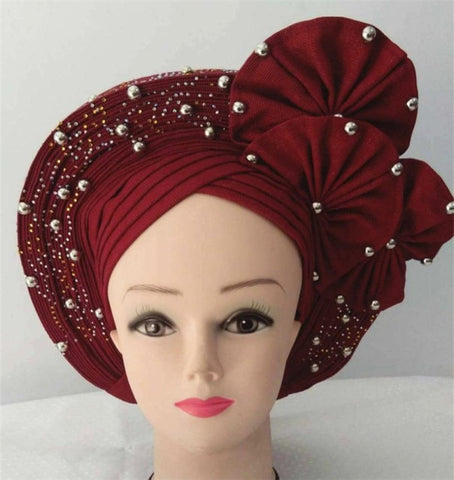 Image of Auto gele Headwrap African headtie with beads stones turban-FrenzyAfricanFashion.com