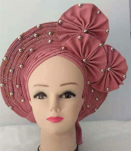 Image of Auto gele Headwrap African headtie with beads stones turban-FrenzyAfricanFashion.com