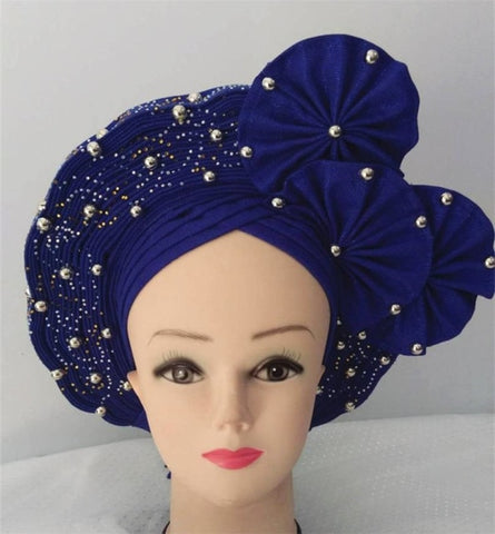 Image of Auto gele Headwrap African headtie with beads stones turban-FrenzyAfricanFashion.com