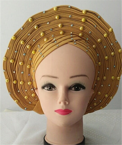 Image of Auto gele Headwrap African headtie with beads stones turban-FrenzyAfricanFashion.com
