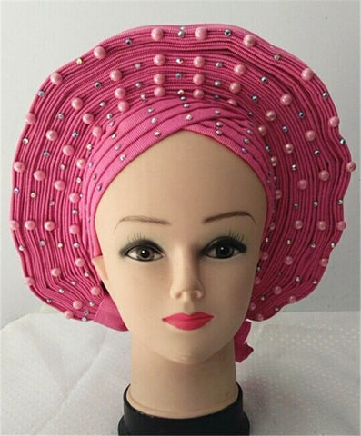 Image of Auto gele Headwrap African headtie with beads stones turban-FrenzyAfricanFashion.com