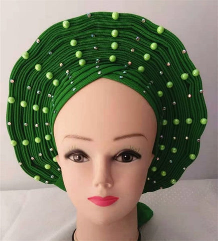 Image of Auto gele Headwrap African headtie with beads stones turban-FrenzyAfricanFashion.com