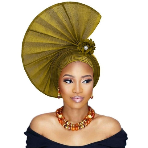 Image of Fashion African Women Party Headtie Turban Cap Already Made Auto Gele Aso Oke Material-FrenzyAfricanFashion.com