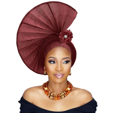 Image of Fashion African Women Party Headtie Turban Cap Already Made Auto Gele Aso Oke Material-FrenzyAfricanFashion.com
