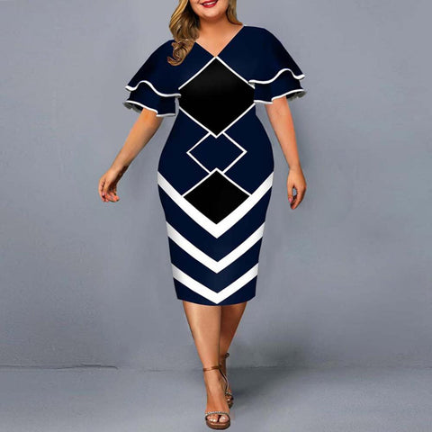 Image of Women Bodycon A line Dress Geometric Print Layered Flare Sleeve-FrenzyAfricanFashion.com