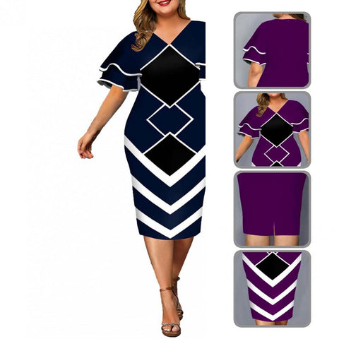 Image of Women Bodycon A line Dress Geometric Print Layered Flare Sleeve-FrenzyAfricanFashion.com
