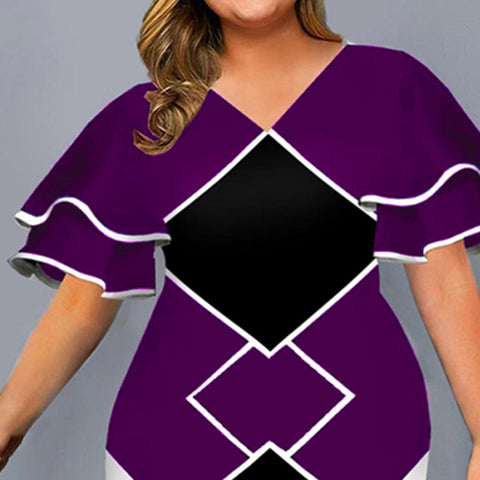 Image of Women Bodycon A line Dress Geometric Print Layered Flare Sleeve-FrenzyAfricanFashion.com