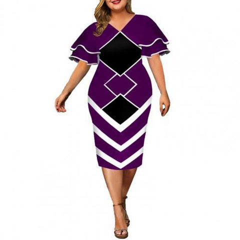 Image of Women Bodycon A line Dress Geometric Print Layered Flare Sleeve-FrenzyAfricanFashion.com