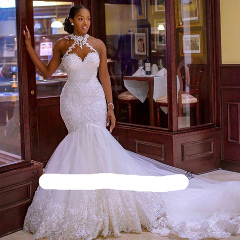 Image of Linzy Lace Beaded Mermaid Trumpet Halter Neck wedding dress-FrenzyAfricanFashion.com