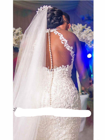 Image of Linzy Lace Beaded Mermaid Trumpet Halter Neck wedding dress-FrenzyAfricanFashion.com