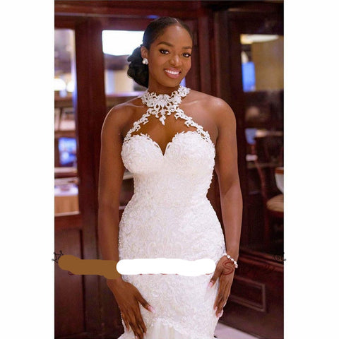 Image of Linzy Lace Beaded Mermaid Trumpet Halter Neck wedding dress-FrenzyAfricanFashion.com