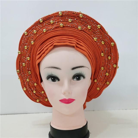Image of Nigerian Auto Gele headtie turban head wrap with Gold Stud-FrenzyAfricanFashion.com