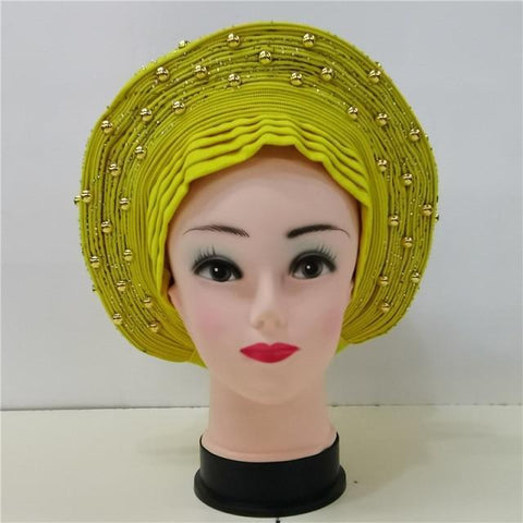 Image of Nigerian Auto Gele headtie turban head wrap with Gold Stud-FrenzyAfricanFashion.com