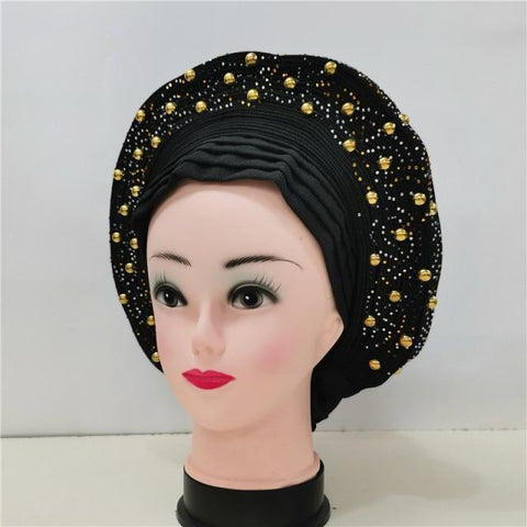 Image of Nigerian Auto Gele headtie turban head wrap with Gold Stud-FrenzyAfricanFashion.com