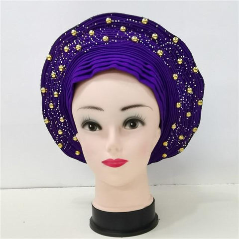 Image of Nigerian Auto Gele headtie turban head wrap with Gold Stud-FrenzyAfricanFashion.com