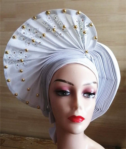 Image of Auto gele Headwrap African headtie with beads stones turban-FrenzyAfricanFashion.com