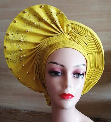 Image of Auto gele Headwrap African headtie with beads stones turban-FrenzyAfricanFashion.com