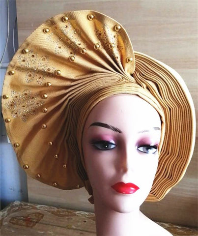 Image of Auto gele Headwrap African headtie with beads stones turban-FrenzyAfricanFashion.com