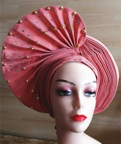 Image of Auto gele Headwrap African headtie with beads stones turban-FrenzyAfricanFashion.com