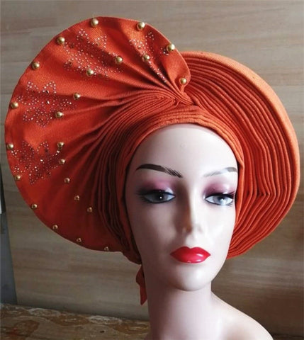 Image of Auto gele Headwrap African headtie with beads stones turban-FrenzyAfricanFashion.com