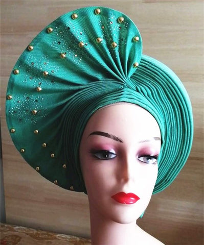 Image of Auto gele Headwrap African headtie with beads stones turban-FrenzyAfricanFashion.com