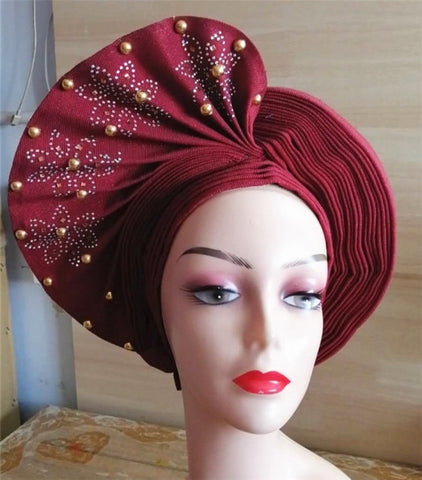 Image of Auto gele Headwrap African headtie with beads stones turban-FrenzyAfricanFashion.com