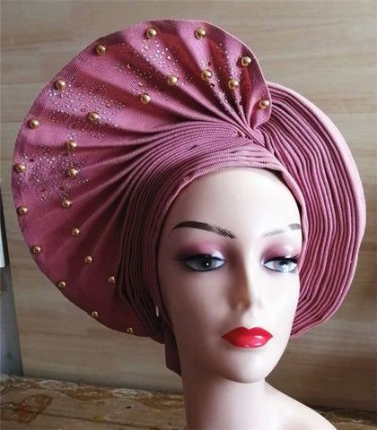 Image of Auto gele Headwrap African headtie with beads stones turban-FrenzyAfricanFashion.com