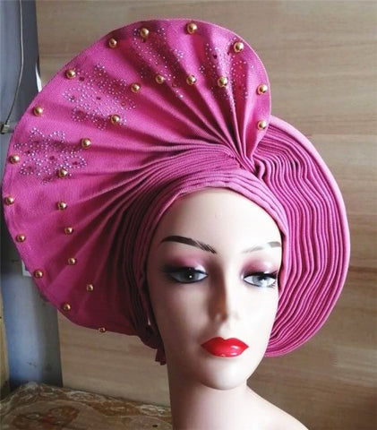 Image of Auto gele Headwrap African headtie with beads stones turban-FrenzyAfricanFashion.com