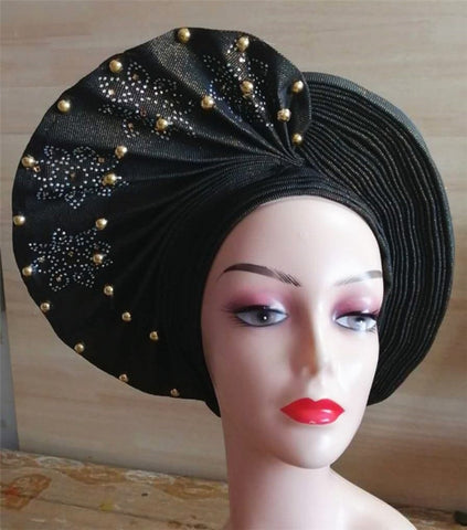 Image of Auto gele Headwrap African headtie with beads stones turban-FrenzyAfricanFashion.com