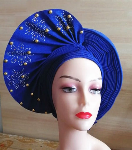 Image of Auto gele Headwrap African headtie with beads stones turban-FrenzyAfricanFashion.com